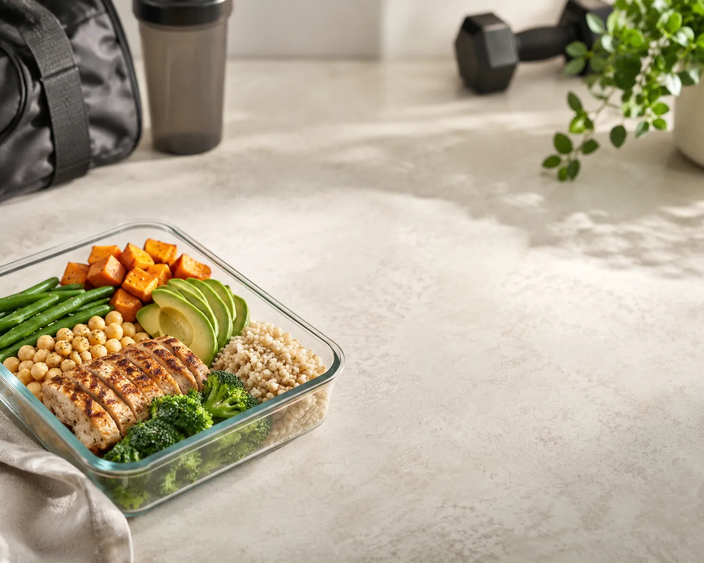 Athletic meal prep background visual for the build muscle goal