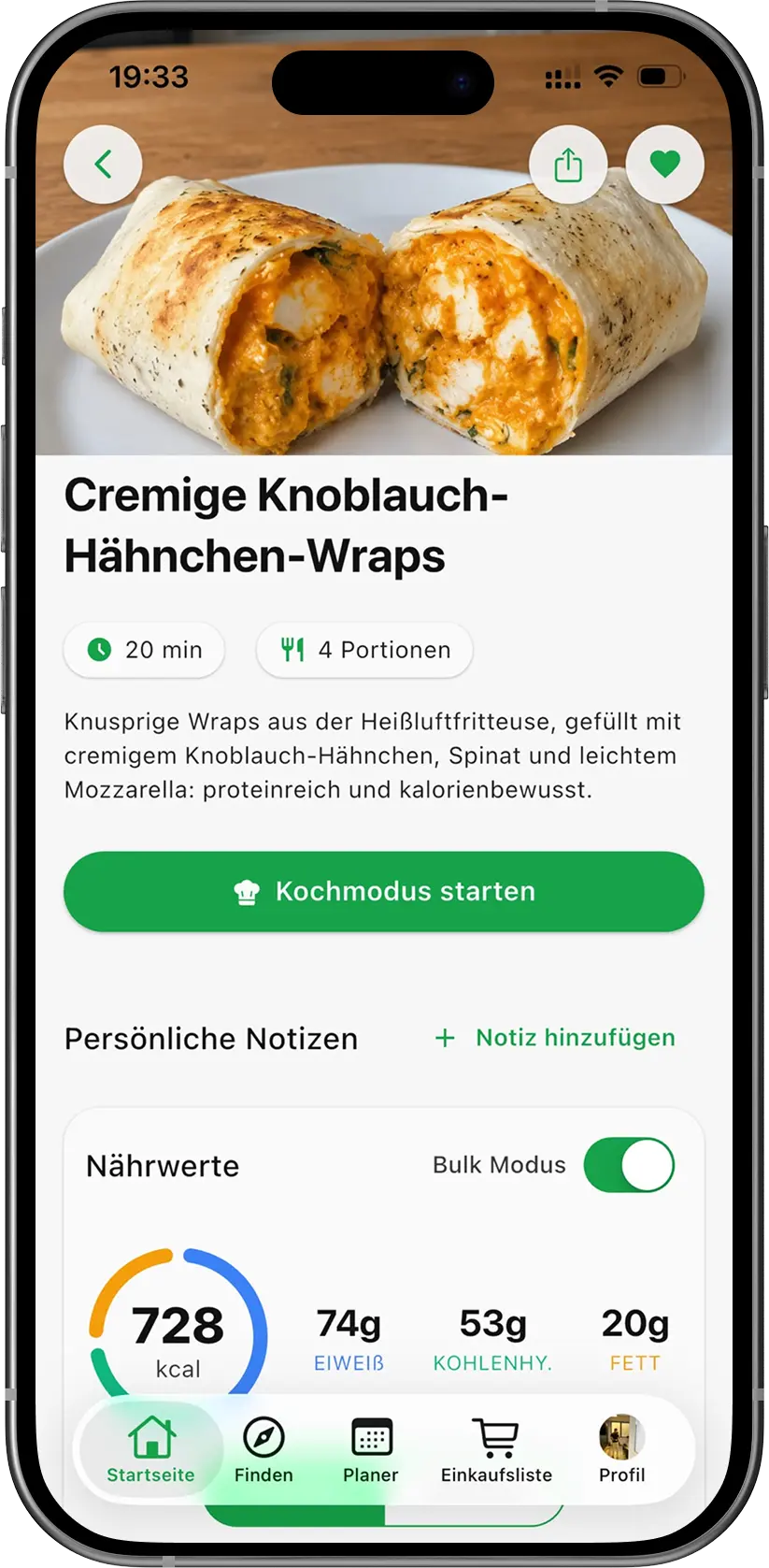 PrepYourWeek App-Screen mit auf Muskelaufbau ausgerichteten Rezeptvorschlägen