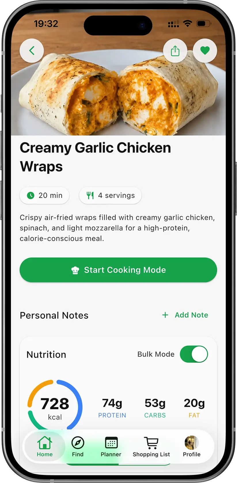 PrepYourWeek app screen with build muscle focused meal recommendations