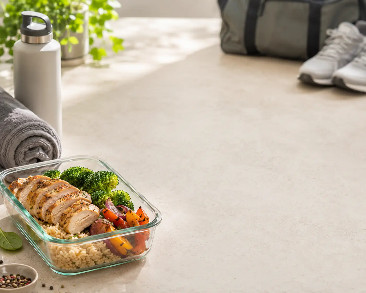 Training gear and prepared meals background for fitness performance