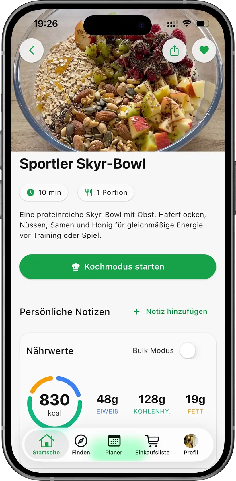 PrepYourWeek App-Screen mit leistungsorientierter Meal-Prep Planung