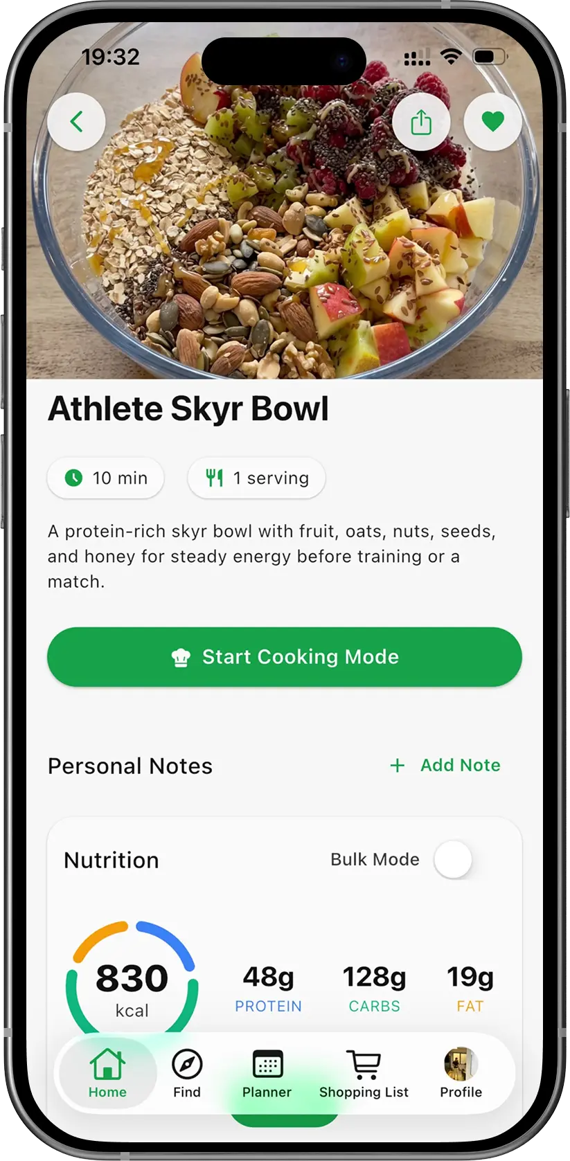 PrepYourWeek app screen with fitness performance focused meal planning