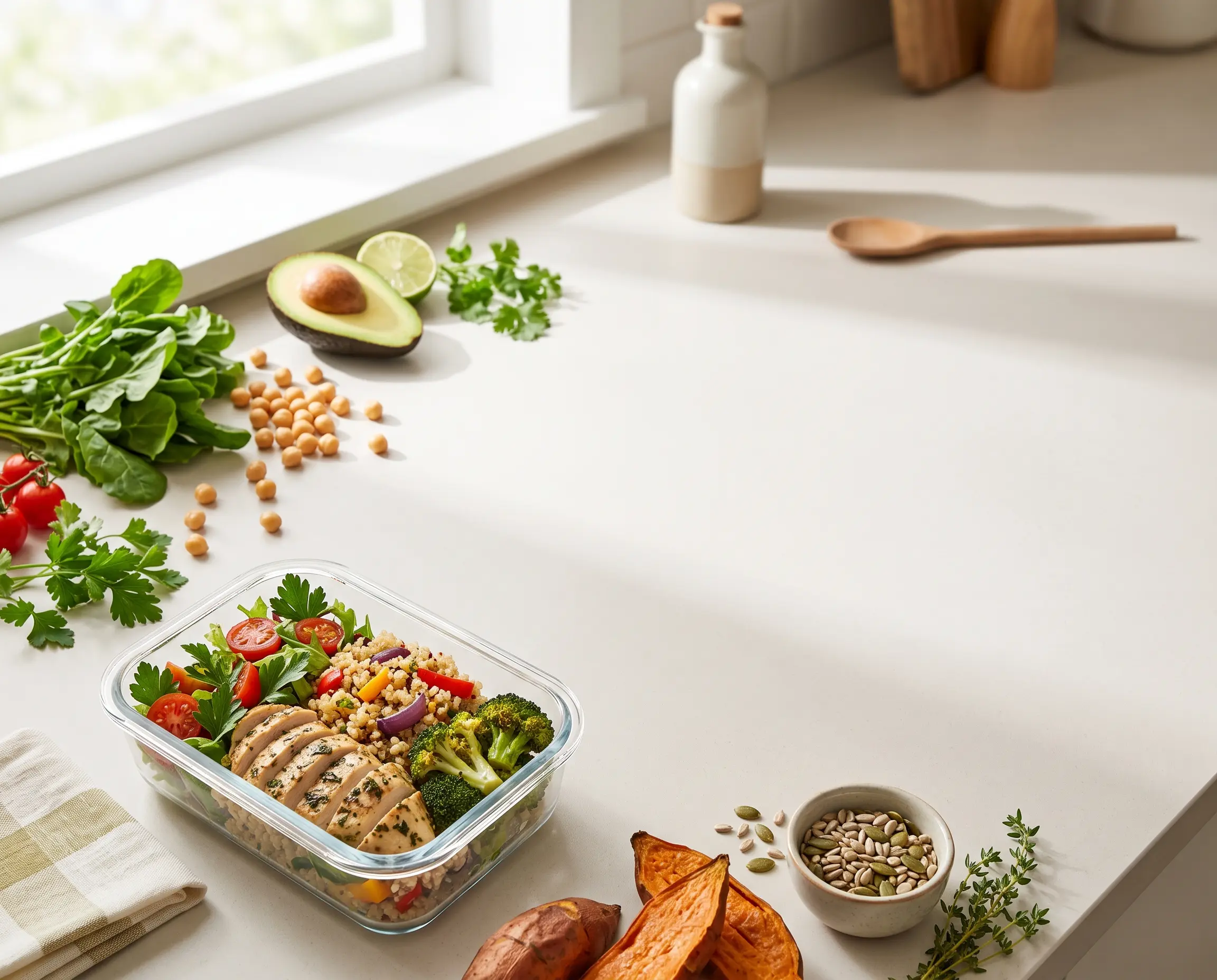 Colorful nutritious meal prep background for the healthy eating goal