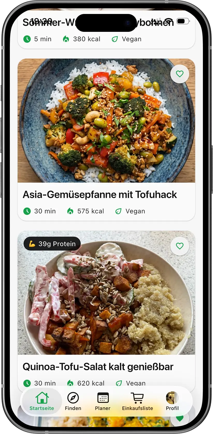 PrepYourWeek App-Screen mit auf gesunde Ernährung ausgerichteten Mahlzeiten
