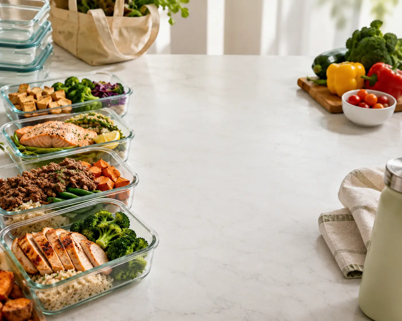 Clock and meal prep containers background visual for the save time goal